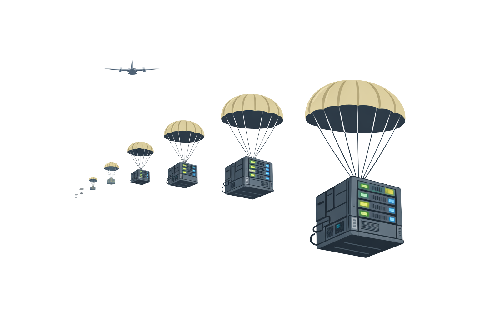 Airdrop illustration showing server racks being deployed from a cargo plane